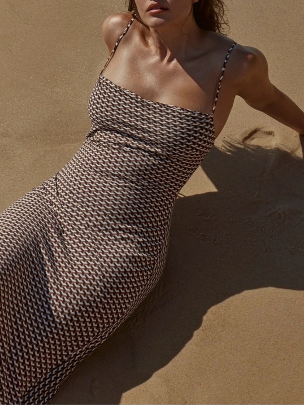 Women's Brown Geometric Print Swim Slip Dress